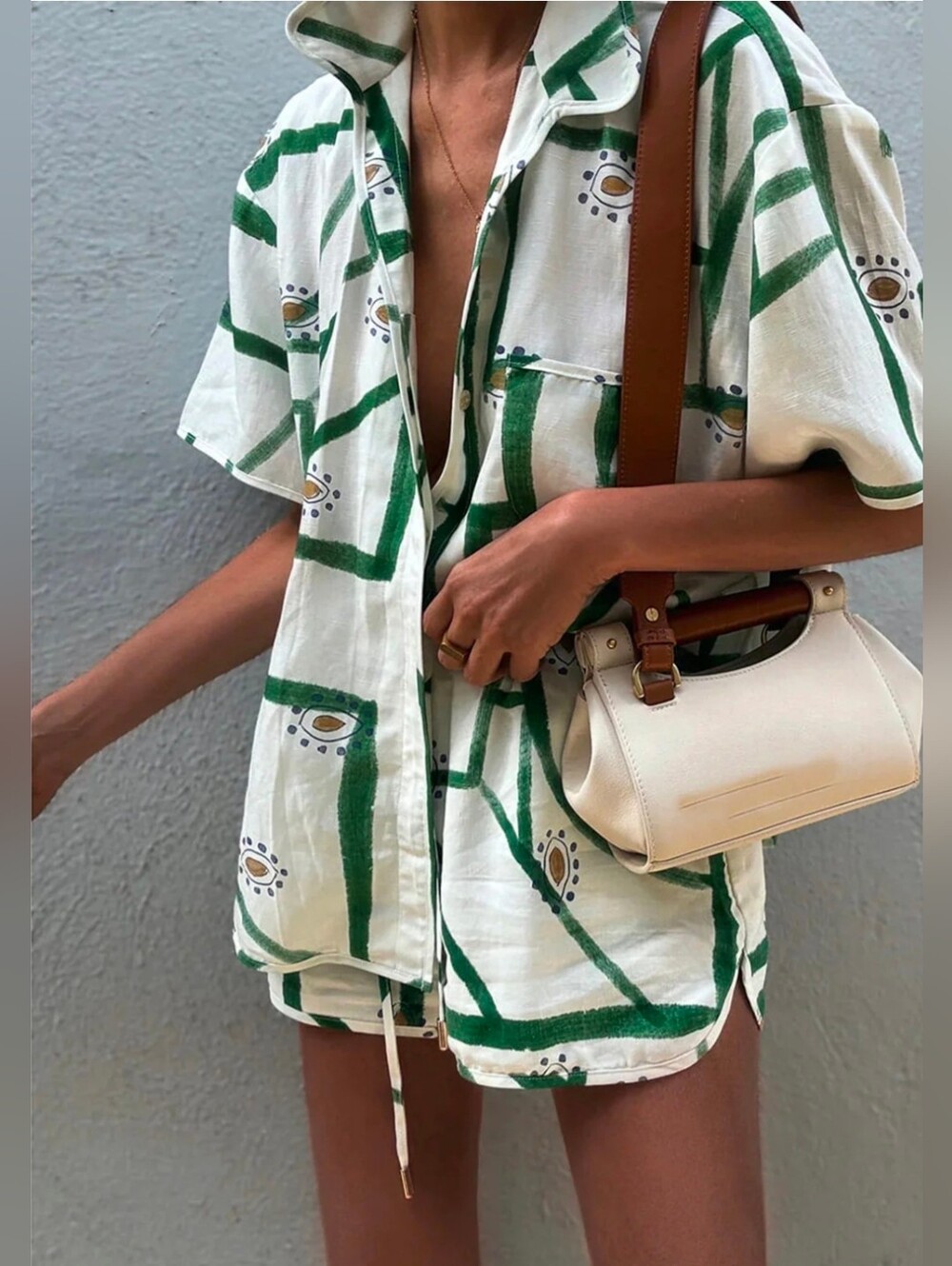🥑 Commense Set Short-Sleeve Button-Down Shorts Set, Green Geometric Avocado - Picture 6 of 9